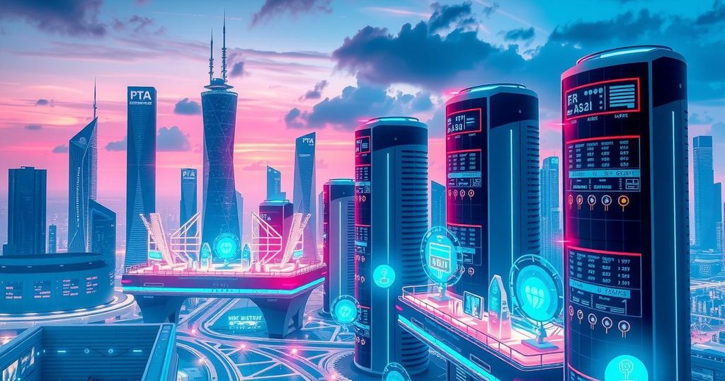 A futuristic city skyline with advanced technology, showcasing data centers and AI elements in a vibrant color palette.