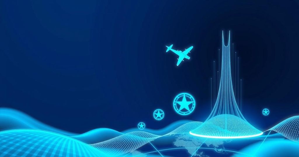 A sleek digital landscape representing AI integration in travel management, with abstract tech elements and blue tones.
