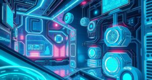 A futuristic tech landscape representing artificial intelligence and innovation in defense technology.