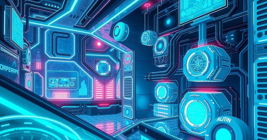 A futuristic tech landscape representing artificial intelligence and innovation in defense technology.