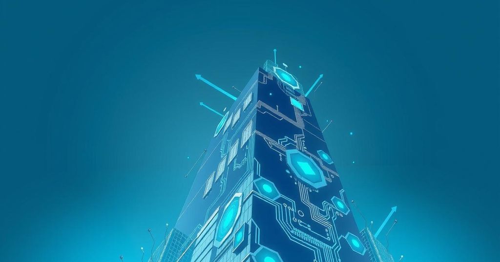 A modern silhouette of a skyscraper surrounded by abstract tech elements representing AI development.