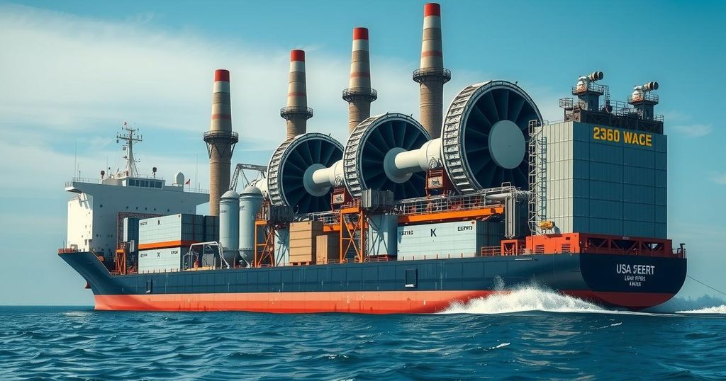 A large, industrial power plant being transported across water to the U.S. against a clear blue sky.