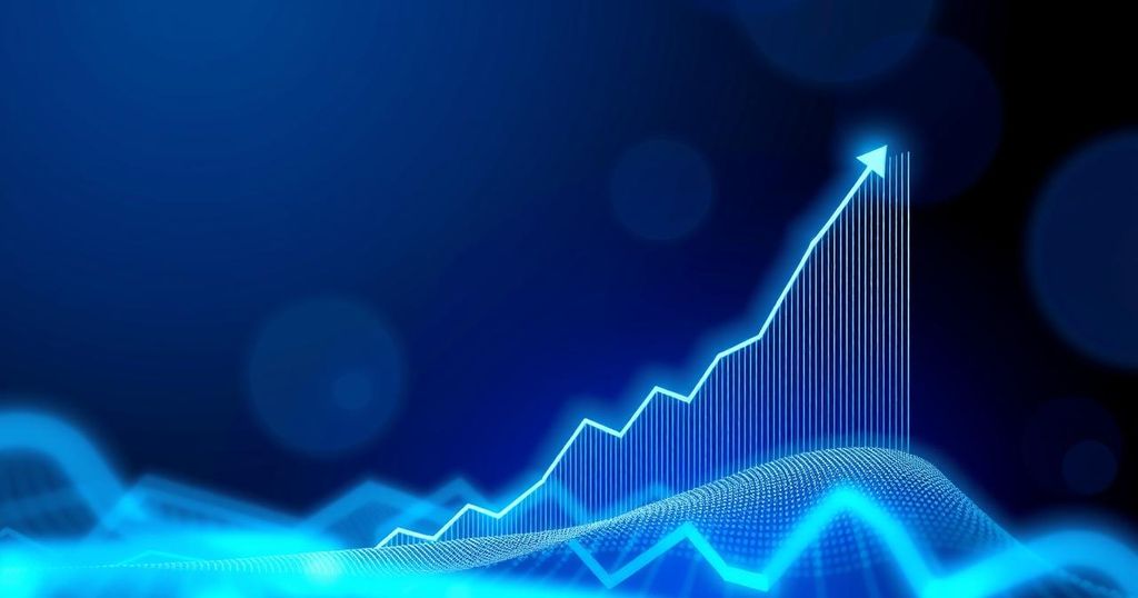A dynamic financial graph showing growth in technology stocks, focused on AI trends for investment.