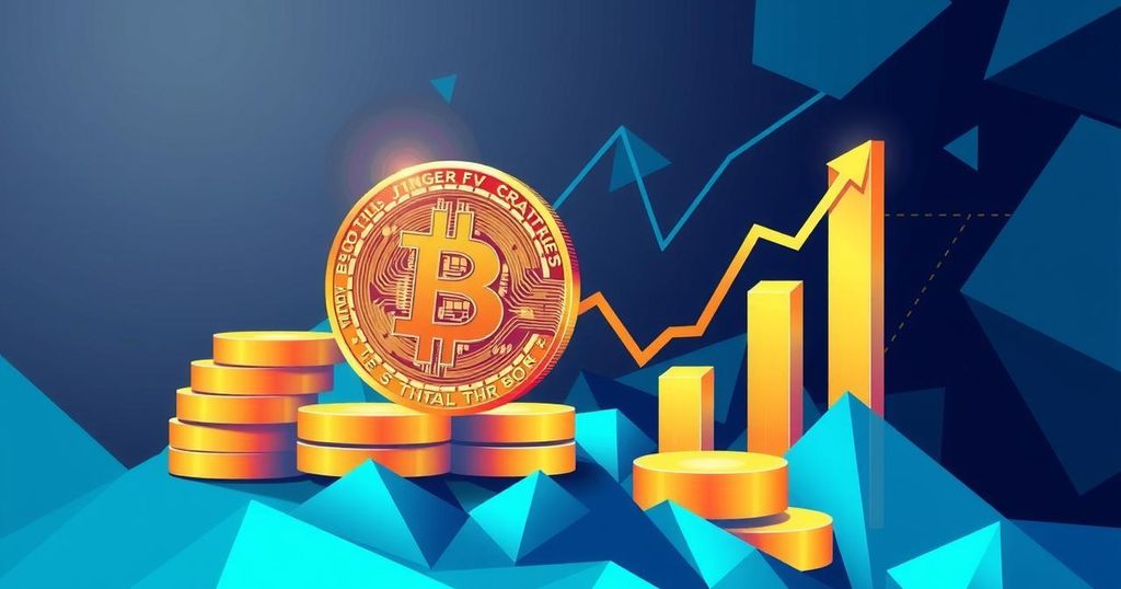 A digital representation of Bitcoin and tech stocks symbolizing economic growth, featuring vibrant colors and modern design.