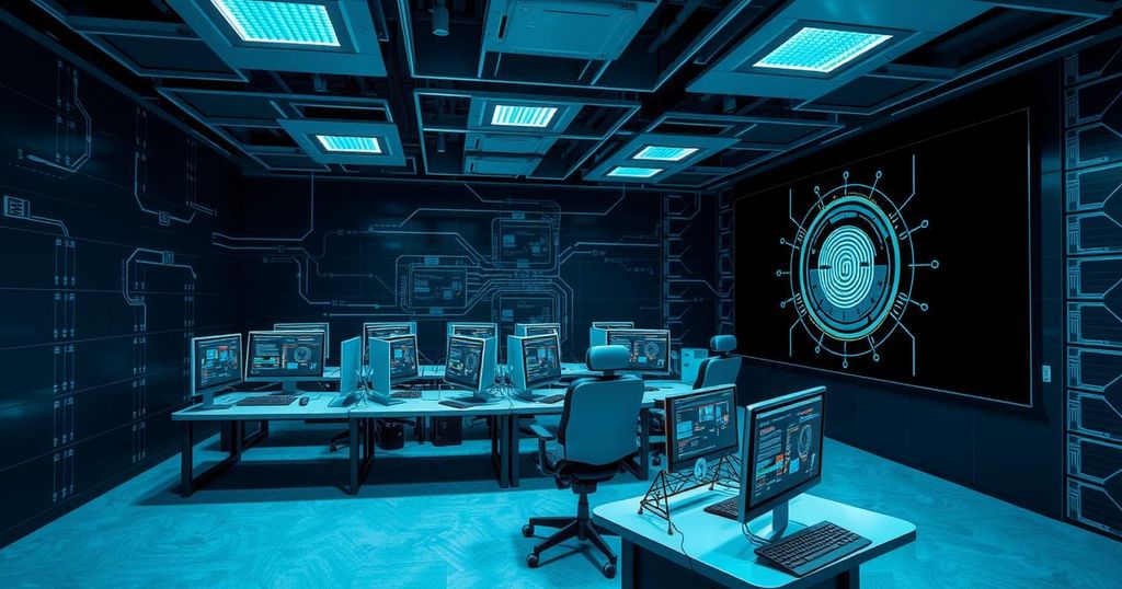 A secure tech environment featuring advanced biometric security, sophisticated computer setups in a dimly lit office.