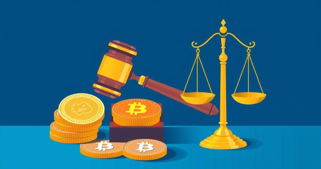 A symbolic representation of cryptocurrency legislation with digital coins and a gavel, in a blue and gold color scheme.