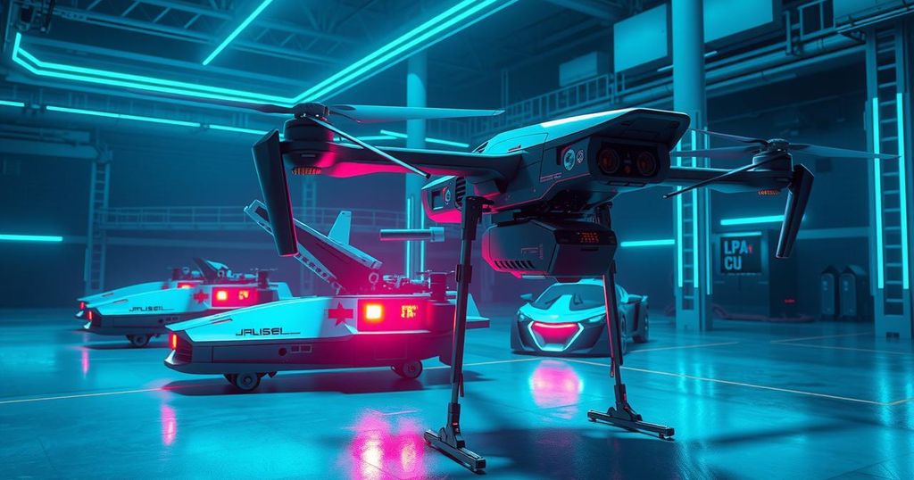 A digital landscape depicting AI-driven defense technology, showcasing futuristic drones and advanced weapon systems.