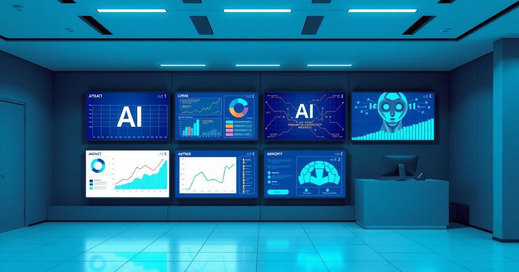 A futuristic digital workspace with AI concepts, charts, and visualizations representing generative AI innovations.