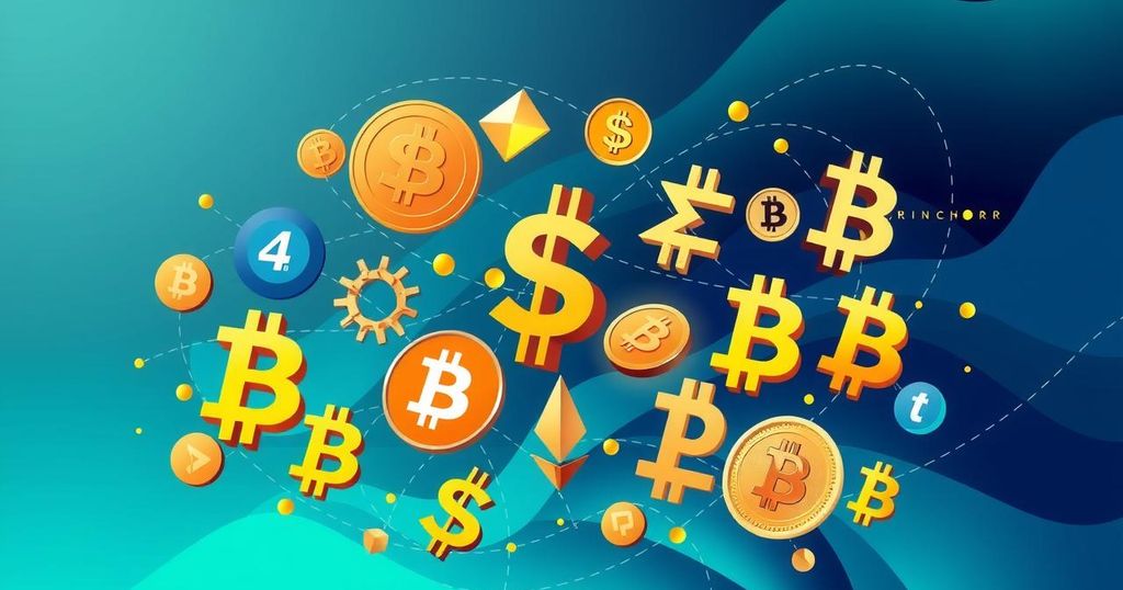 A vibrant representation of diverse cryptocurrencies thriving beyond Bitcoin, with innovative designs and colorful elements.