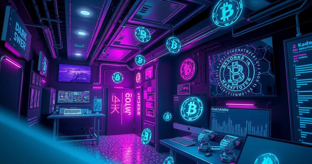 A digital representation of a dark web marketplace featuring cryptographic symbols and AI tools, with a mysterious ambiance.