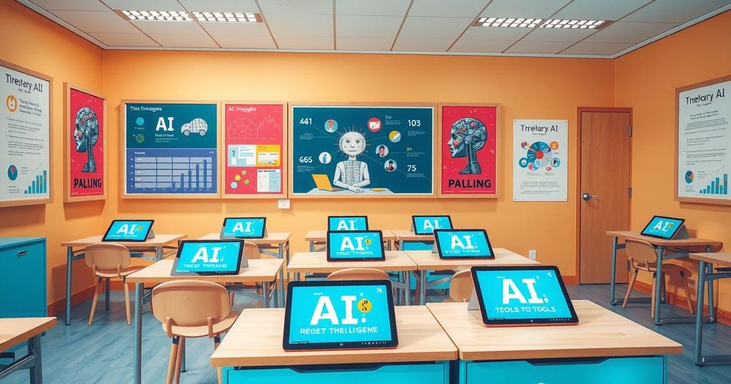 A vibrant classroom filled with AI learning materials and educational resources for teachers.