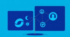 A conceptual artwork depicting regulation of technology with abstract shapes and a blue color scheme.