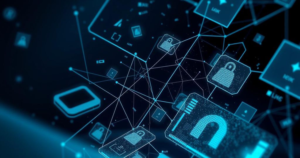 A dark web representation with abstract technology elements and ominous tones, highlighting digital security concerns