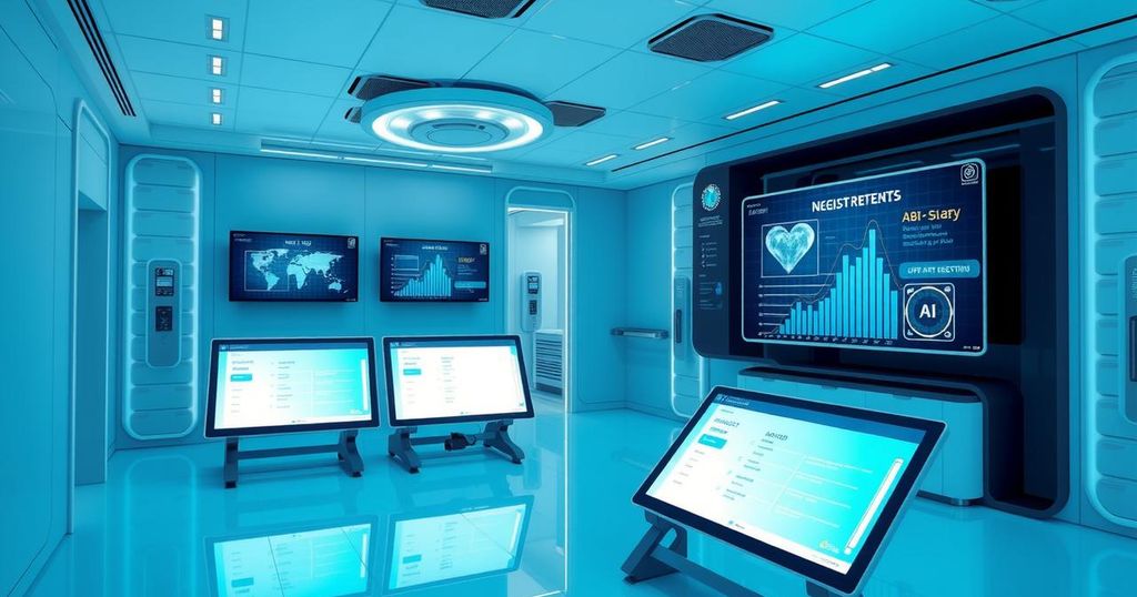 Futuristic AI nurse technology integration in healthcare setting, showcasing smart registration and data analytics processes.