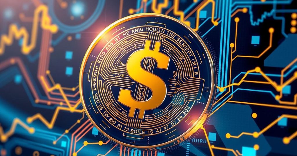 Digital currency stablecoin design featuring a symbolic dollar sign, futuristic elements, and a blue and gold color scheme.