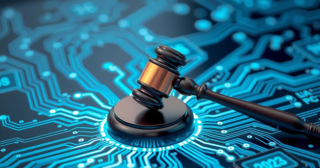 A symbolic representation of regulations with a gavel, circuit patterns, and digital elements using a blue and gray color scheme.