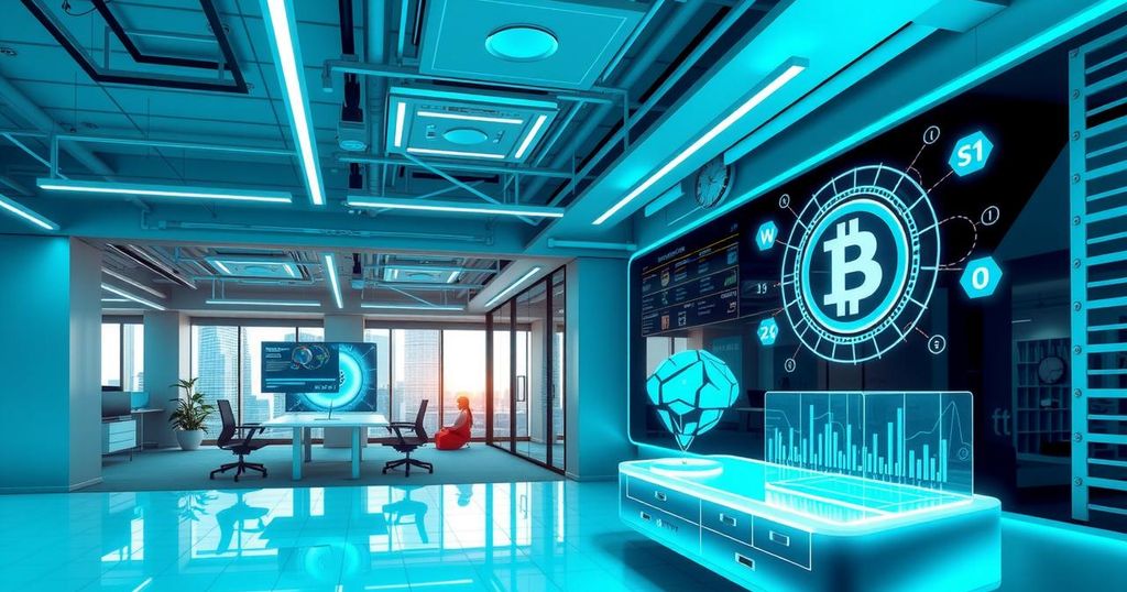 A futuristic office with AI technology and digital currency symbols, showcasing the evolution of work and finance.