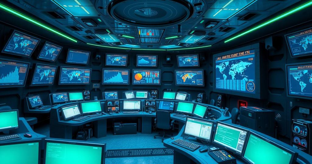 A military command center displaying advanced technology supporting AI decision-making processes.