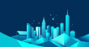 A business-style landscape with abstract AI-themed shapes, featuring a blue and green color scheme for a corporate feel.