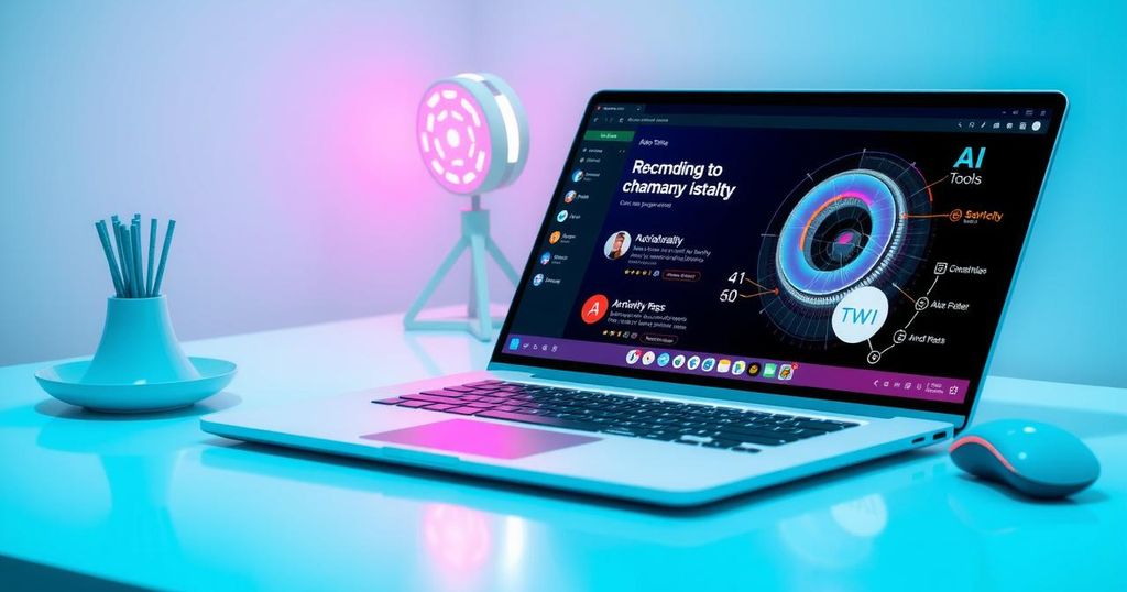 A sleek Chromebook Plus showcasing AI tools with abstract tech elements in a modern workspace, bright and vibrant colors.