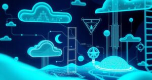 A digital cloud infrastructure illustration with AI elements and tech patterns in a futuristic color scheme.