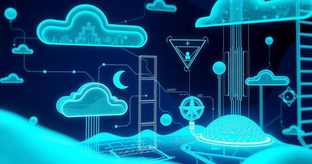 A digital cloud infrastructure illustration with AI elements and tech patterns in a futuristic color scheme.