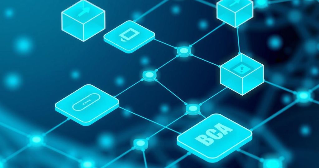 Visual representation of smart contracts on blockchain featuring code elements, blocks, and flow of automated actions.