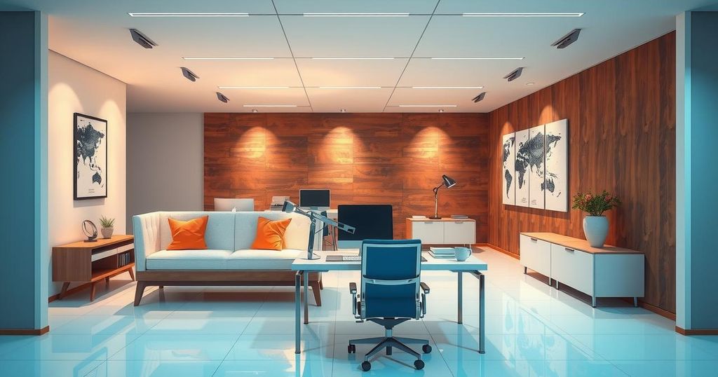A conceptual design of an office with advanced technology and AI tools, a blend of warm and cool colors, minimalistic design.
