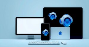 A tech-inspired illustration featuring various Apple devices with advanced AI integration.