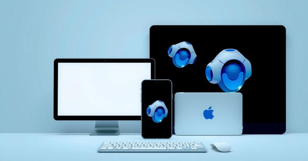 A tech-inspired illustration featuring various Apple devices with advanced AI integration.