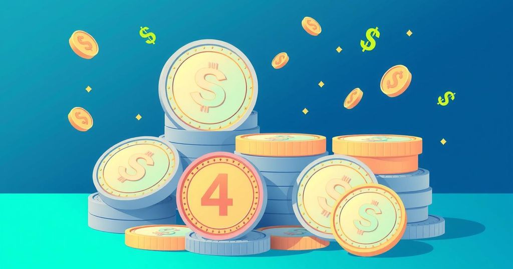 A digital illustration of stablecoins surrounded by symbols of stability, including coins and dollar signs, in vibrant colors.