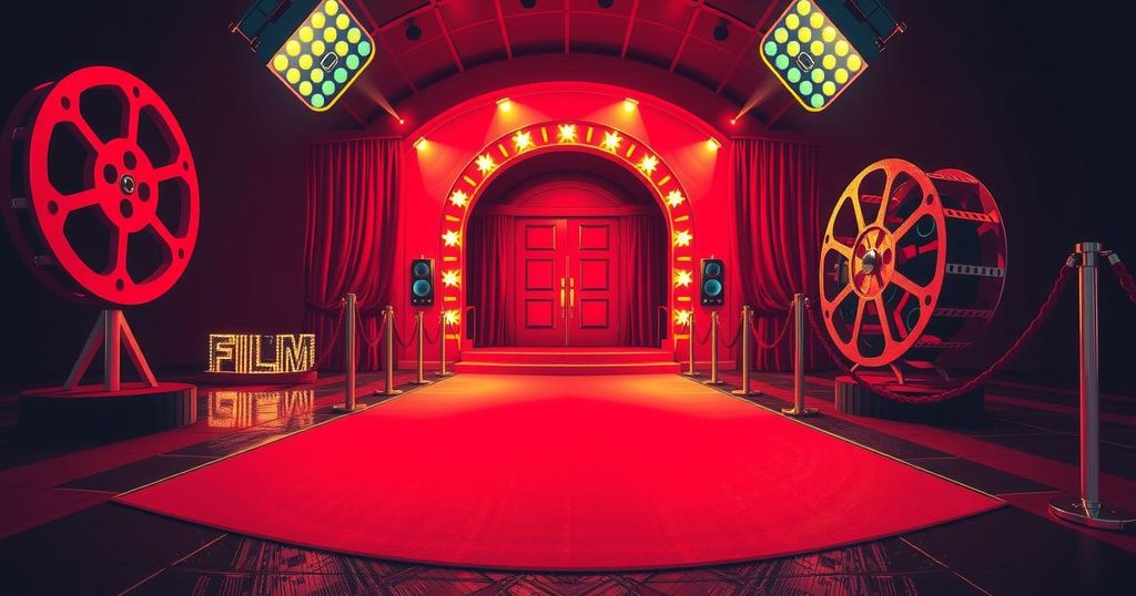 An illustration of a vibrant film premiere event with red carpet, film reels, and bright spotlight for Apple’s success.