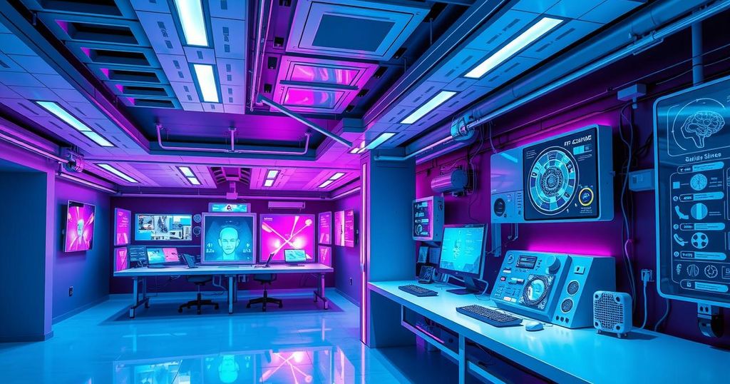 A futuristic AI lab with advanced technology and vibrant color scheme, symbolizing superintelligence research.