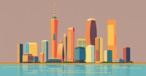 A vibrant cityscape showing the growth of tech startups in Asia with modern buildings and digital connections in warm colors.