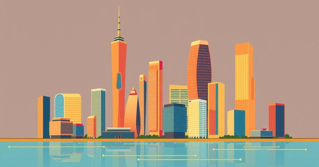 A vibrant cityscape showing the growth of tech startups in Asia with modern buildings and digital connections in warm colors.