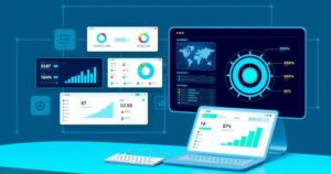 A virtual workspace showcasing AI technology tools for business automation and efficiency, with a modern, sleek design.
