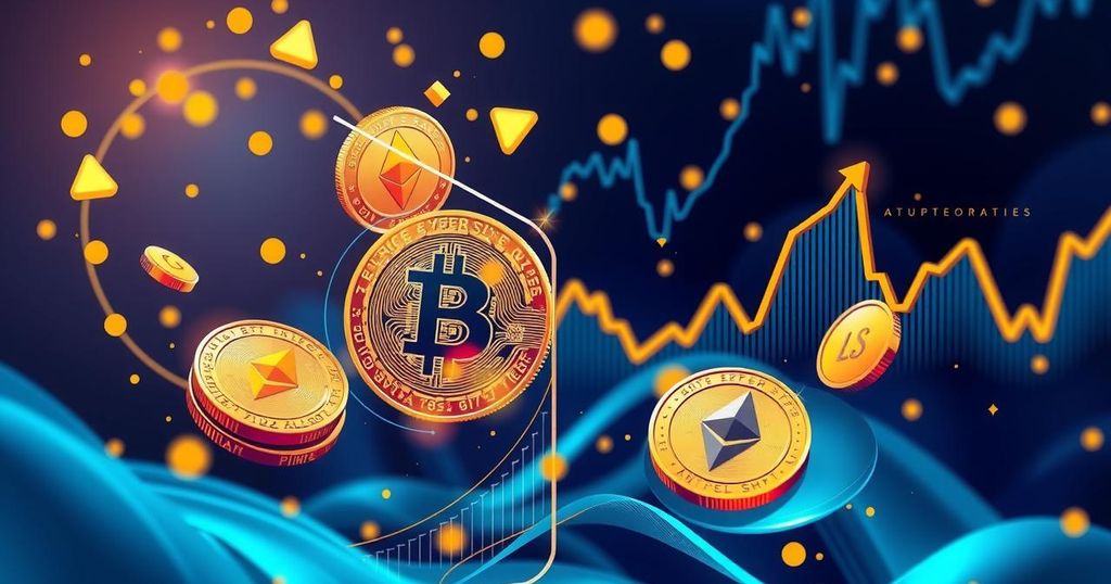 A digital representation of fluctuating cryptocurrency trends, featuring stylized coins and stock market graphs in blue and gold.