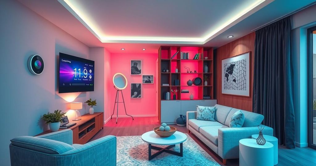 A sleek smart home tech setup featuring a user-friendly interface with automation controls and vibrant lighting.