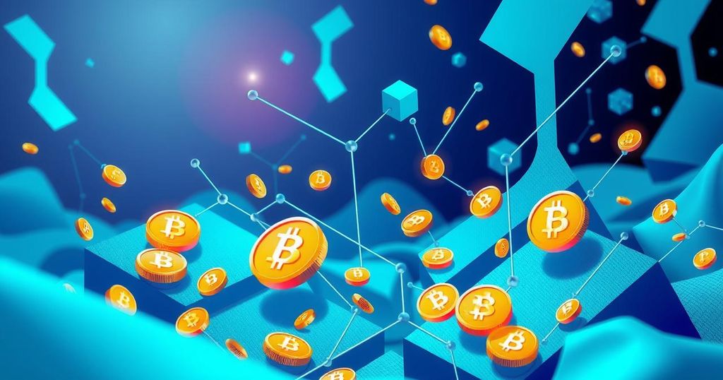 A digital landscape depicting cryptocurrency symbols and blockchain technology, showcasing a decentralized, tech-inspired future.