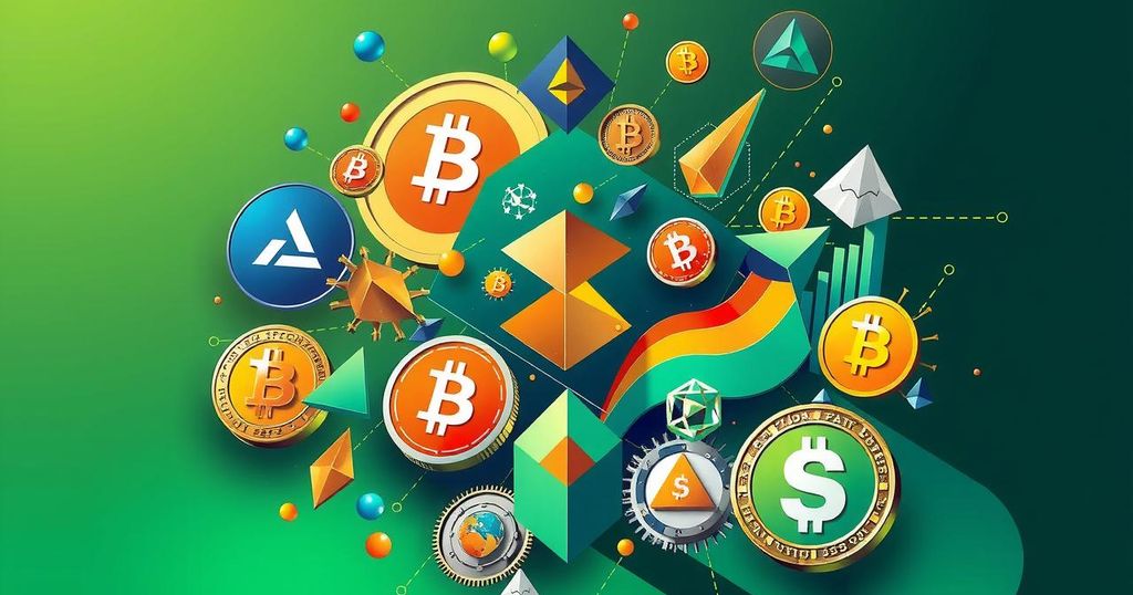 A digital collage of cryptocurrency symbols with upward trends, vibrant colors, and abstract geometric shapes.