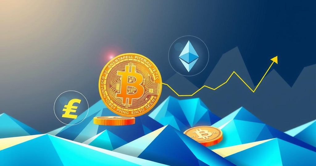A digital illustration of a cryptocurrency landscape featuring Bitcoin and Ethereum symbols with vibrant blue and gold hues.
