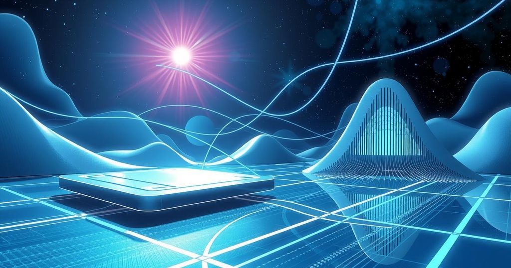 A technological landscape featuring terahertz wave concepts and waferscale computing in a modern art style.