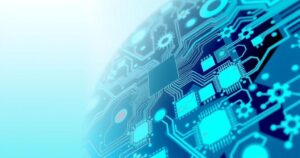 A vibrant abstract representation of chip manufacturing, showcasing technology and innovation with blue and green hues.