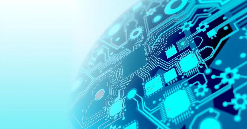 A vibrant abstract representation of chip manufacturing, showcasing technology and innovation with blue and green hues.