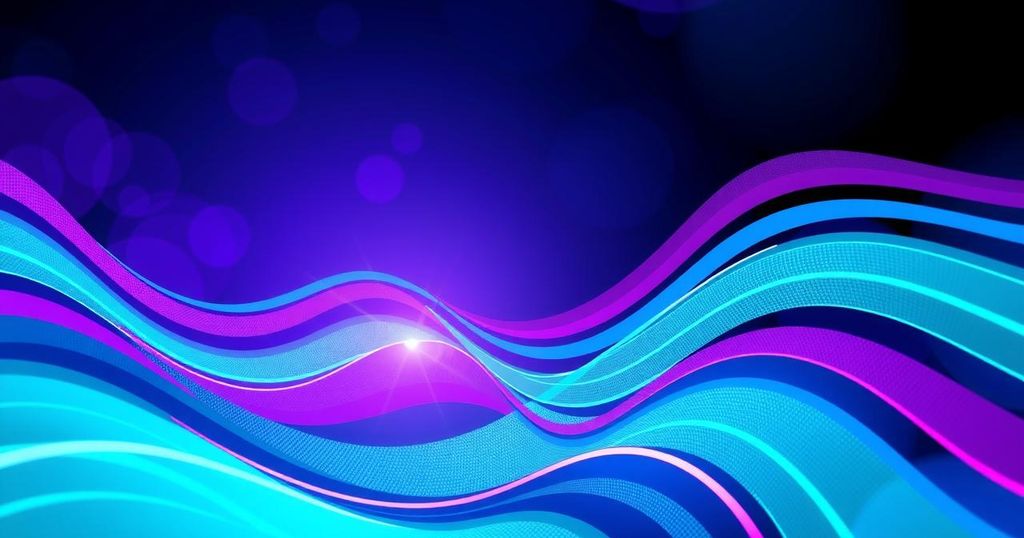 A futuristic voice assistant interface with colorful, abstract wave patterns and gradient hues.