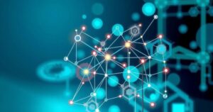 A vibrant abstract depiction of technology and AI collaboration, featuring interconnected nodes and circuits in blue and green.
