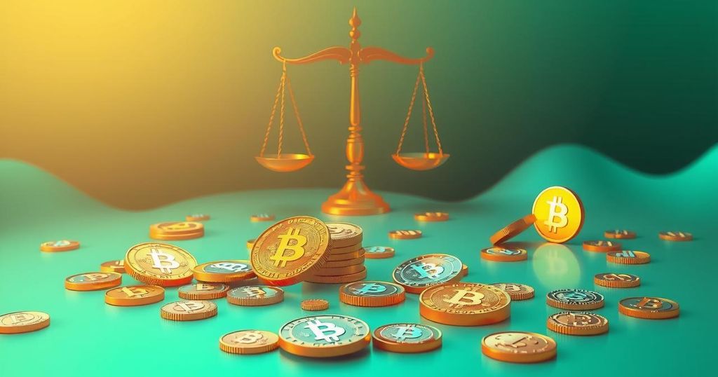 Symbolic representation of crypto deregulation with coins, scales, and a relaxed financial environment.