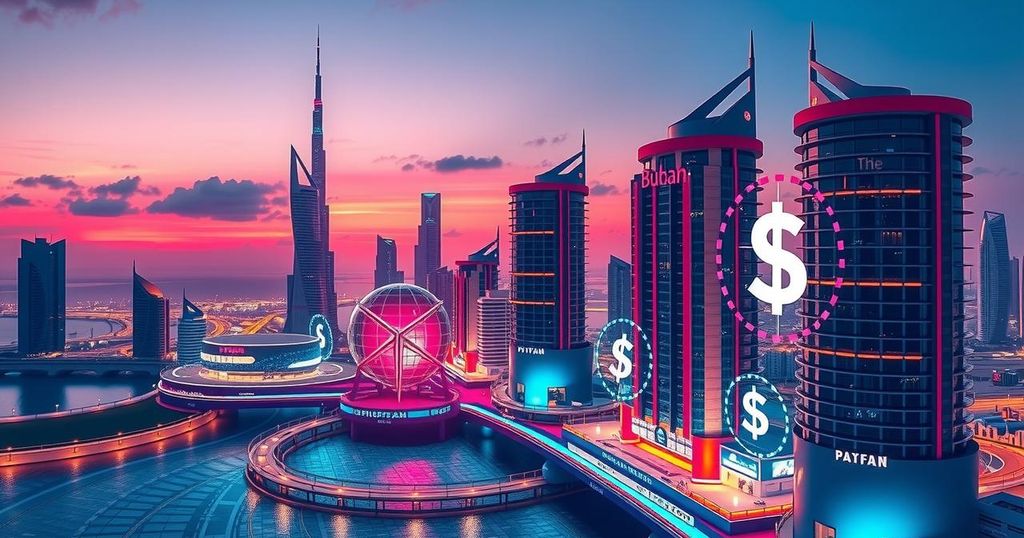 Crypto integration in airline services, showcasing modern payment technology and Dubai's skyline.