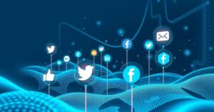 A digital landscape featuring AI elements like circuits and data streams with social media icons, using a blue and gray color scheme.