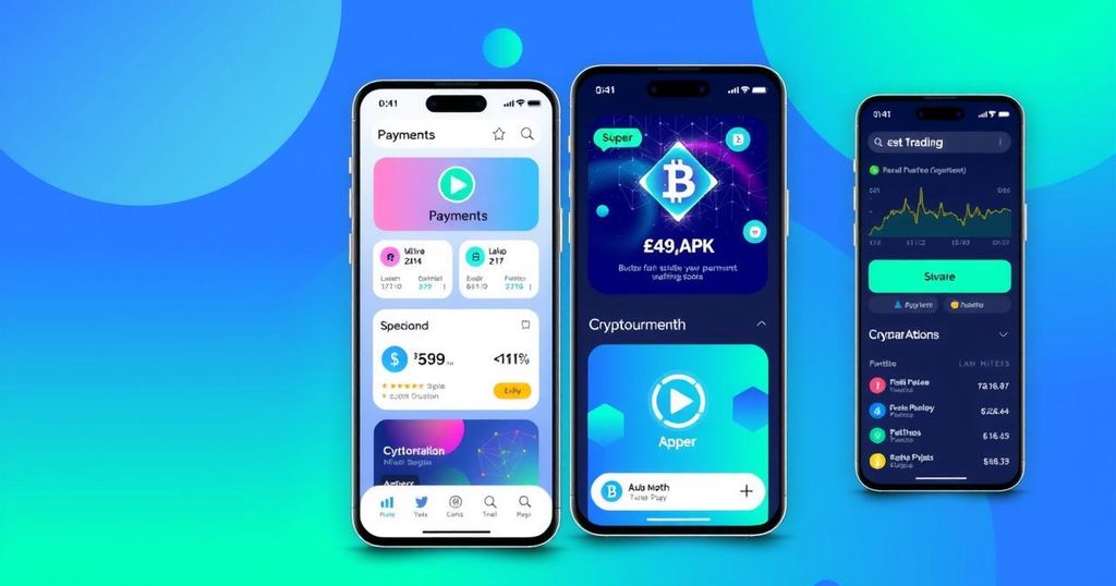 A sleek digital interface depicting a user-friendly crypto app with blockchain icons and vibrant colors.